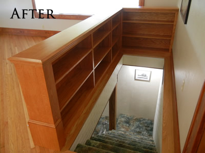 Red oak banister bookcase built-in